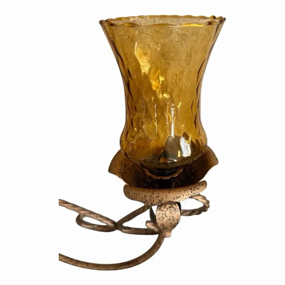 Vintage Distressed Gold Metal 2 Arm Wall Sconce Amber Glass Cups Twisted Rope